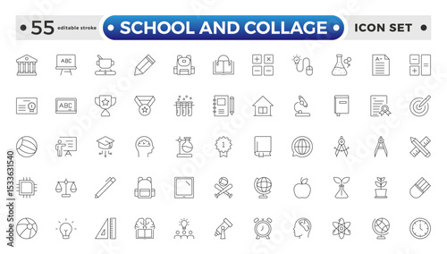 School and Collage outline Icon Set. Back to School, College, Study Tools & Education Vector Collection. Editable stroke outline icon.

