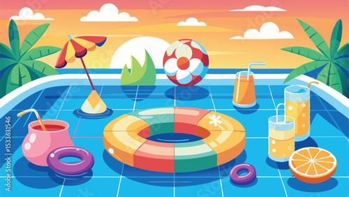 Colorful summer scene with pool floaties umbrella drinks and tropical vibes