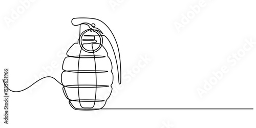 Continuous one line drawing of hand grenade. One line drawing illustration of grenade bomb. Soldier equipment concept single line, Continuous single line drawing of grenades isolated white background.