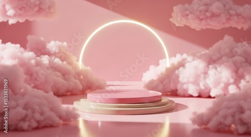 Pink Podium Display with Clouds and Neon Circle
