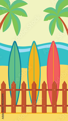 Colorful surfboards behind a fence on a beach under palm trees summer vacation illustration