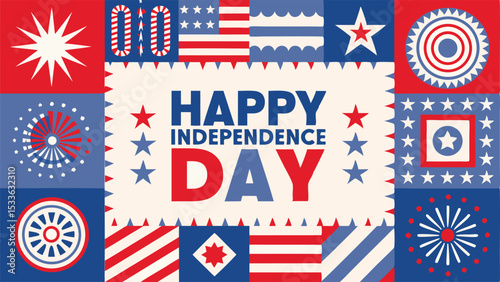 Happy independence day themed graphic with stars stripes and geometric designs in red white and blue colors