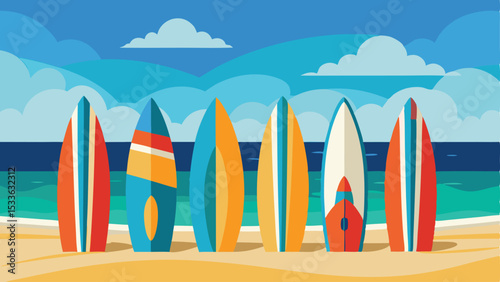 Colorful surfboards lined up on beach with clouds and ocean in a flat vector illustration