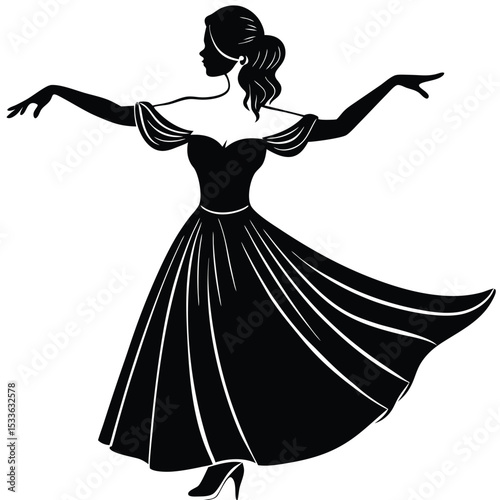 Off-Shoulder Flowy Dress Vector Silhouette | Arching Back Pose Art | EPS 10 Scalable