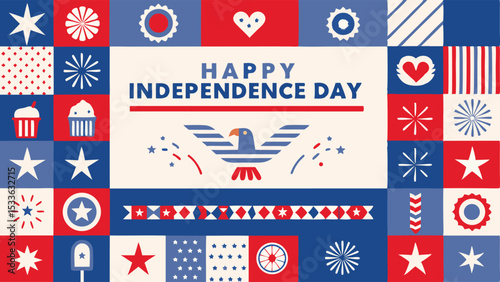 Happy independence day themed collage with eagle, stars, and red white and blue geometric patterns