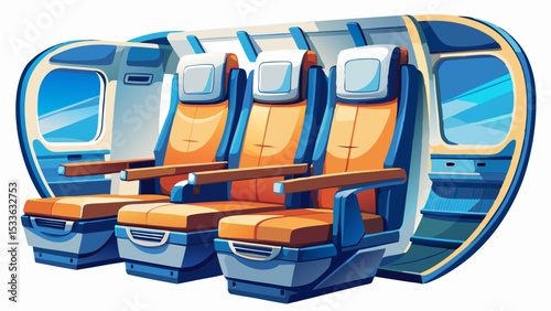 Modern, comfortable airplane passenger seat with fastened seatbelt, ready for takeoff on a white background