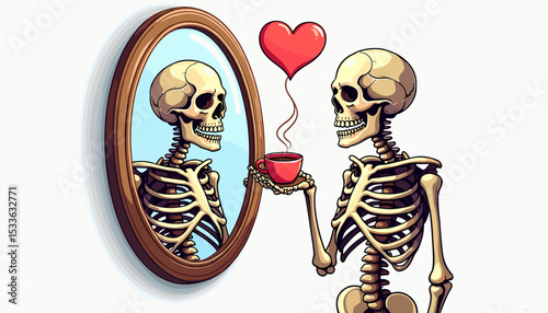 Skeleton enjoying coffee and admiring reflection in a mirror