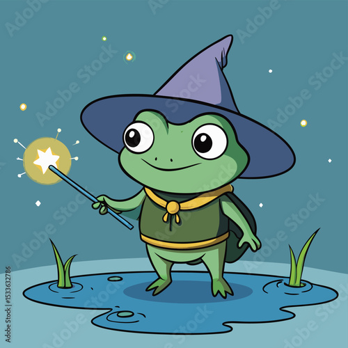 Whimsical tiny wizard frog casting a spell, glowing mist around him, magical and enchanting.