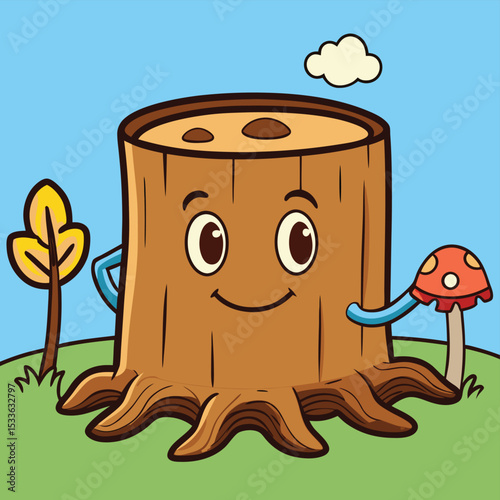 Rustic thoughtful tree stump with a small, whimsical mushroom, embodying nature's cycle.