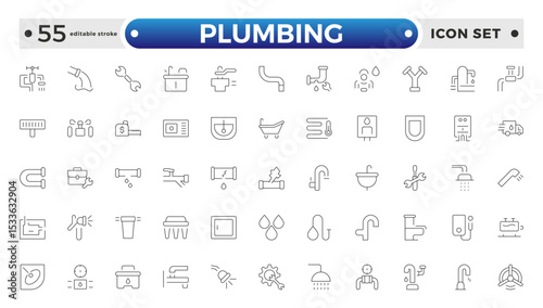 Heating, Ventilation and Plumbing (HVAC & Plumbing) outline Icon Set – Home Maintenance, Repair & Construction Vector Collection. Editable stroke outline icon.
