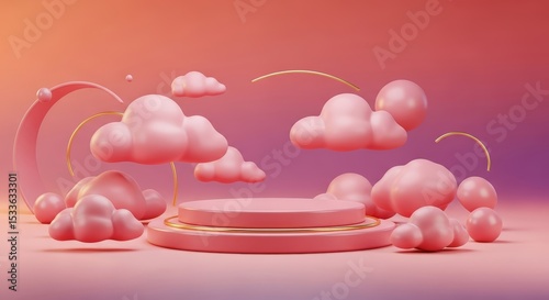 Pink Podium with Clouds and Spheres