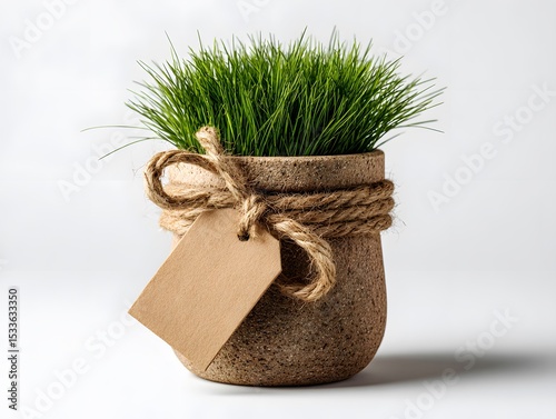 Small grass plant in paper pot