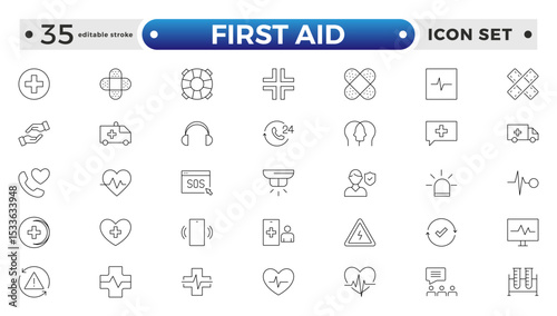 First Aid outline icon set. Emergency kit icon set. Vector objects set of survival emergency kit for evacuation or disasters. Editable stroke outline icon.
