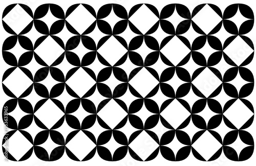 Simple geometric ethnic style pattern featuring interlocking black rounded petal shapes on a crisp white background, forming a repeating floral-like motif, reminiscent of traditional Indonesian batik