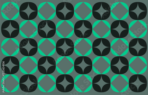 Batik motif, a simple geometric ethnic style pattern featuring interlocking black and teal rounded petal shapes on a dark gray background, forming a repeating floral design.