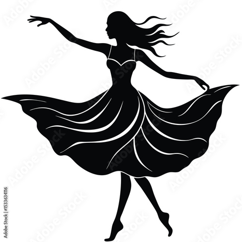 Layered Flowy Dress Vector Silhouette | One-Leg Jump Pose | EPS 10 Scalable