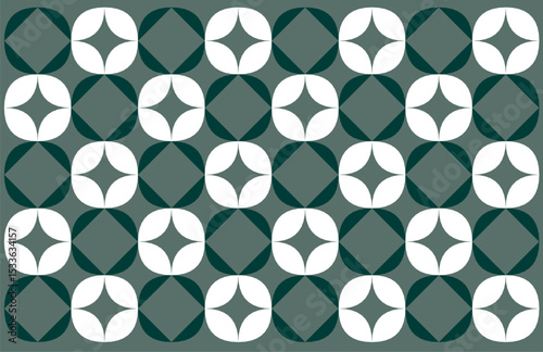 seamless geometric pattern. Modern geometric pattern in an ethnic style, resembling an abstract Indonesian Batik Ceplok, featuring interlocking white petal shapes on a dark teal green background