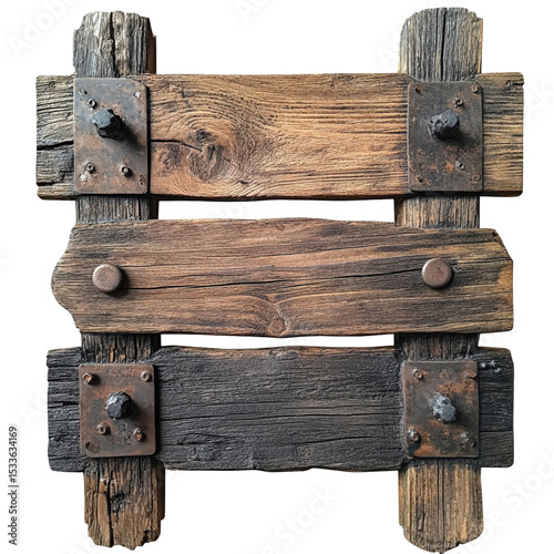Rustic wooden signboard with metal accents, isolated on transparent background.
