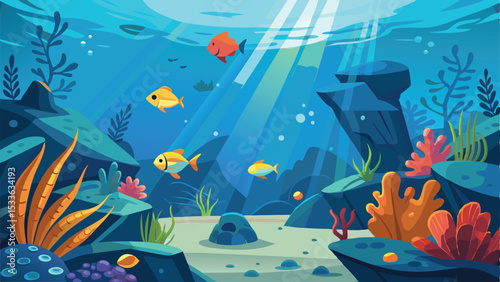 Colorful underwater world illustration featuring fish coral reefs and sunlight