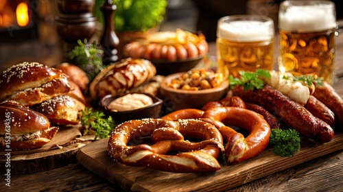 Traditional Oktoberfest Food: Pretzels, Sausages and Beer