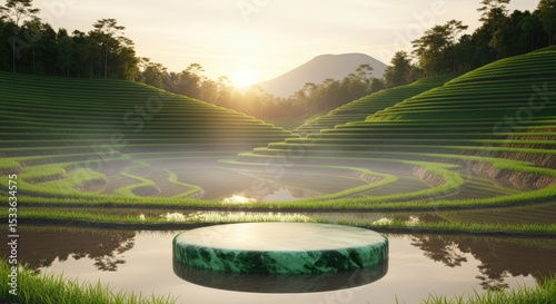 Green Podium on Water with Rice Terraces Landscape