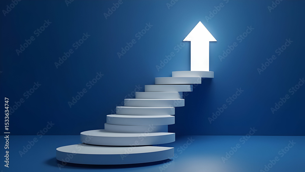 Obraz premium Photorealistic 3D Crystalline White Arrow Ascending Geometric Spiral on Midnight Blue Environment