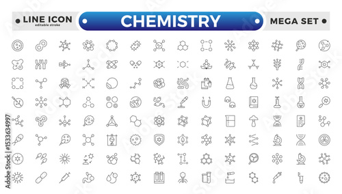 Chemistry outline icon set. Containing beaker, experiment, microscope, test tube, laboratory, molecule, and more. Line vector icons collection. Editable stroke outline icon.
