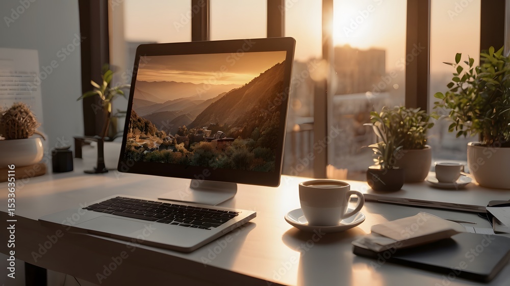 Fototapeta premium Modern Workspace Desk with Computer and Plants During Sunset