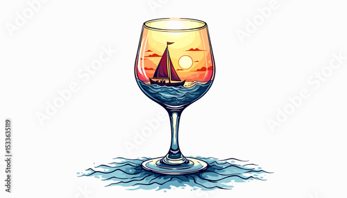 Sailboat reflection in a glass against sunset background