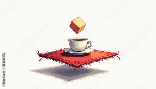 Floating sugar cube above coffee cup on red rug