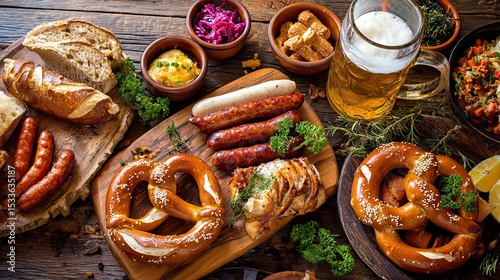 Hearty Bavarian Feast with Beer and Pretzels on Rustic Wood Table