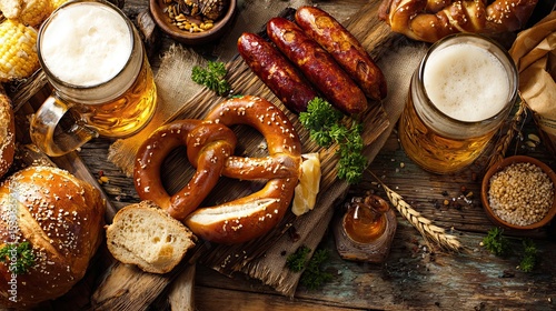 Oktoberfest Food: Beer, Pretzels and Sausages Still Life