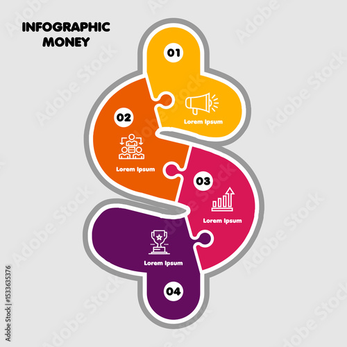 infographic template with dollar illustration and 4 step options for business presentation, web and marketing communication. vector eps
