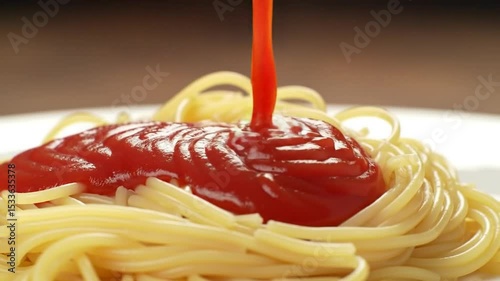 Wallpaper Mural Pouring ketchup on spaghetti, tomato sauce falling on Italian pasta, slow motion Torontodigital.ca
