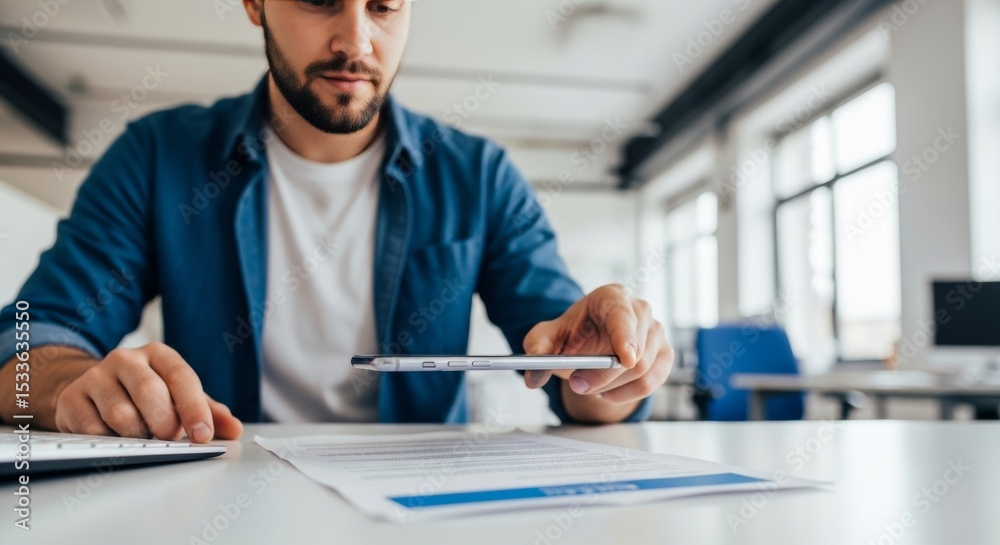 Focused Young Businessman Scanning Document with Smartphone in Modern Office Focused Young Businessman Scanning Document with Smartphone in Modern Office