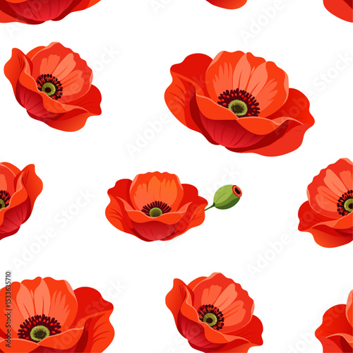 seamless pattern of red poppies with buds on a transparent background 2