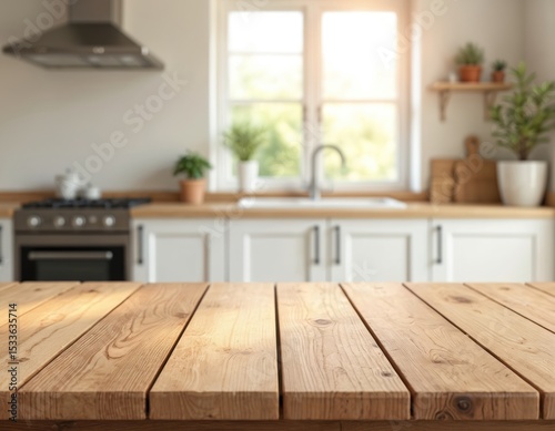 Wooden table foreground blurred kitchen. Rustic wood surface for product display presentation. Empty tabletop with cozy bright interior, window, shelf. Product placement, food photo, modern home