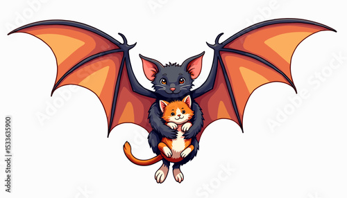 Cute bat holding orange cat with large wings
