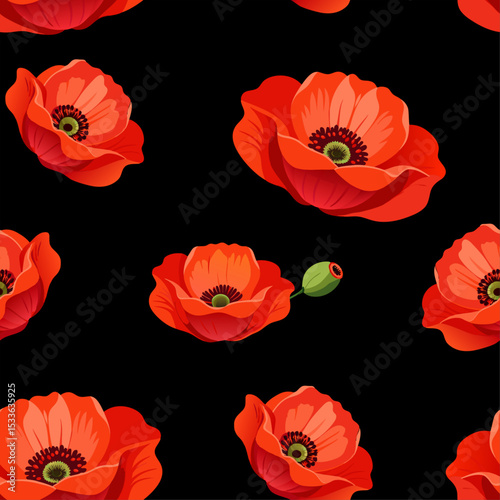 seamless pattern of red poppies with buds on a black background 2