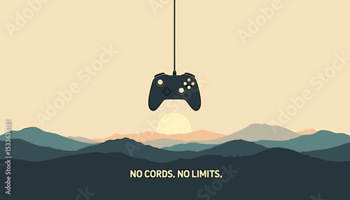 Video game controller hanging against mountain sunset background