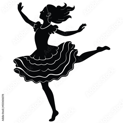 Ruffled Dance Dress Vector Silhouette | Mid-Air Jump Pose | EPS 10 Scalable