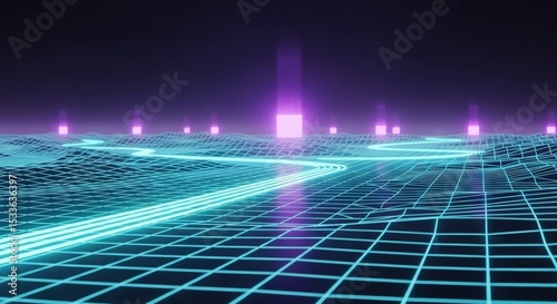 Neon Grid Landscape Synthwave Digital Art