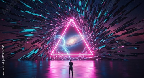 Man in Front of Galaxy with Glowing Triangle