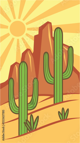 Desert landscape illustration with cactus sun and mountains vector graphic design