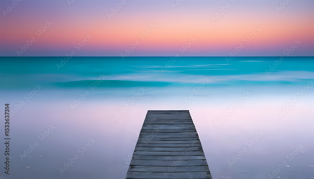 Naklejka premium A wooden pier extending into the calm ocean water under a pastel colored sky at sunset or sunrise