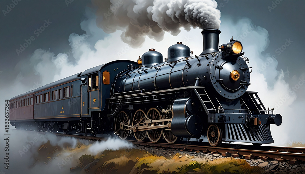 Obraz premium Vintage Steam Locomotive Train Journey Through Scenic Landscape A Powerful Retro Engine Chugging Along Rails