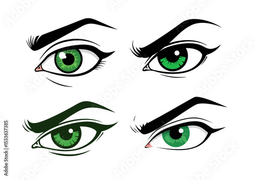 Green eye illustration with sharp pupil and tilted brow, symbolizing envy and suspicion