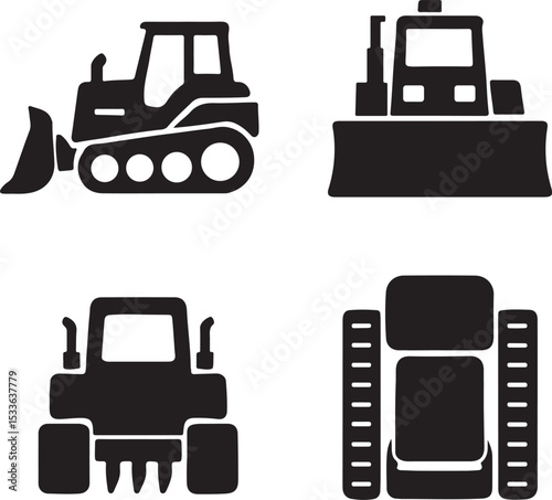 Bulldozer silhouette icons set side, front, back, and top views vector art illustration.