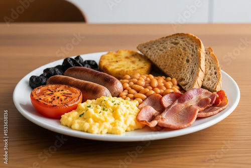 A modern minimalist food photo of a Full Scottish Breakfast on a pristine white plate, set against the backdrop of a warm, wooden dining table.
