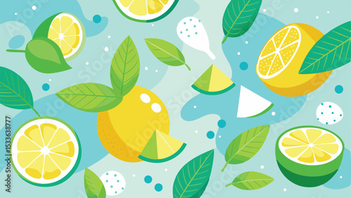 Fresh lemon and lime slices with green leaves modern fruit illustration on blue background